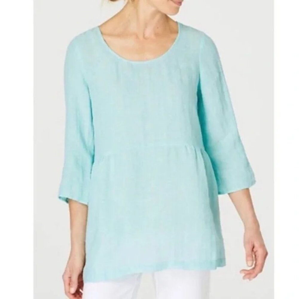 J. Jill | Aqua Blue Pure Jill Linen Blend Scoop Neck Peplum Top Size Small
